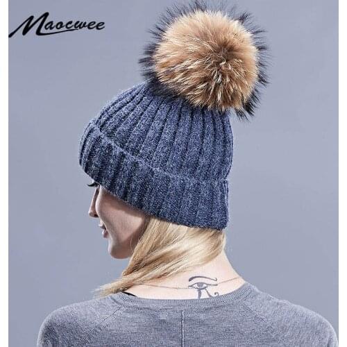 Women Winter Hat Wool Knitted Hat Beanie With Real Mink Fur Pom Poms Skullie Hats Women Girls Hats Caps Feminino Winter Fur Bone