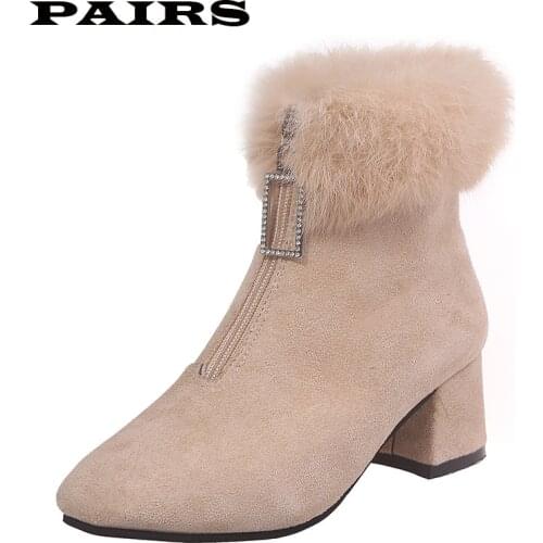 2019 Winter Puls Size 42 Women Ankle Boots Faux Suede Leather Square Heels Shoes Women Winter Plush Lining Warm Shoes Faux Fur