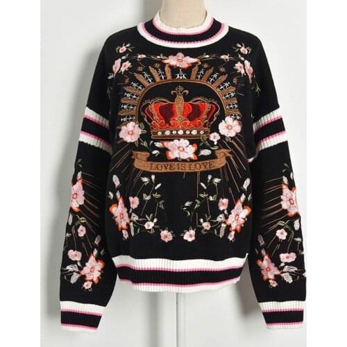 Fashion Runway Autumn Winter 2021 Knitting Sweater Womens Luxury Floral Crown Embroidery Vintage Black Loose Pullovers Female
