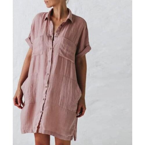 Women Turn-down Collar Cotton Linen Dress Spring Single Breasted Button Split Shirt Dress Autumn Solid Pocket A-Line Party Dress