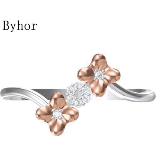 Byhor Solid 14K White+Rose Gold 0.028ct H/SI Natural Diamonds ring Women Fine Jewelry Trendy Wedding Band кольца flower Ring