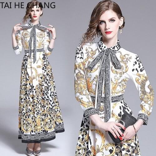 Women Dress New Fashion Retro Spring Summer Elegant Slim Bodycon Vintage Party Runway Print Shirt Office Work Maxi Dresses