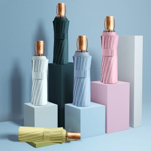 Wooden Handle Rain Umbrella 16 Bones Umbrella Parasol Black Coating Tri-Fold Umbrellas Manually Womens Umbrella