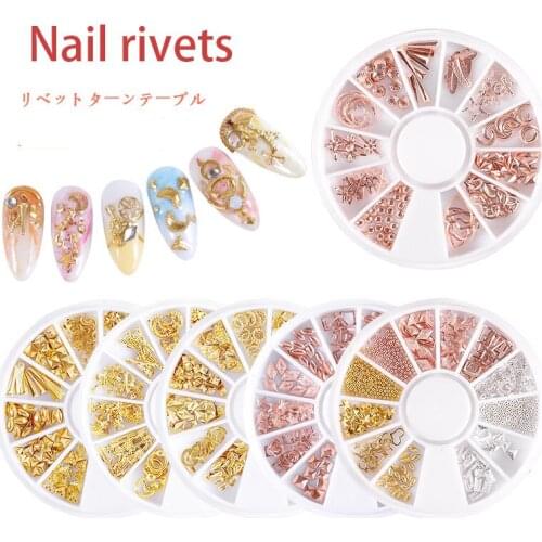 12 grids/wheel nail art rhinestones Japanese style starry moon gold plated steel bead 3D manicure alloy hollow nail rivets MZ231