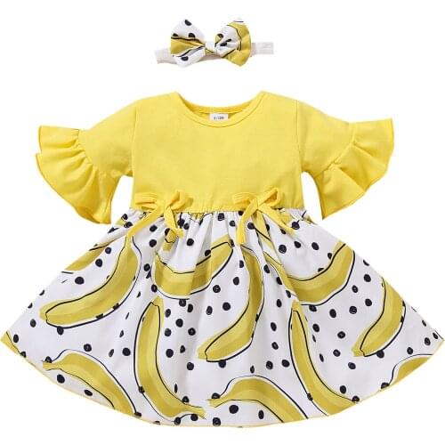 2 Pcs Infant Summer Outfits, Baby Girl Fruit Print Flare Sleeve Round Neck Dress + Bowknot Headband