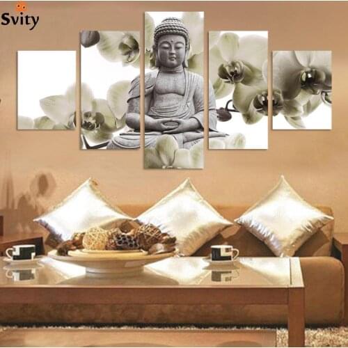 UnFramed 5 Panel Large orchid background Buddha Painting Fengshui Canvas Art Wall Pictures for Living Room Home Decor Fx015