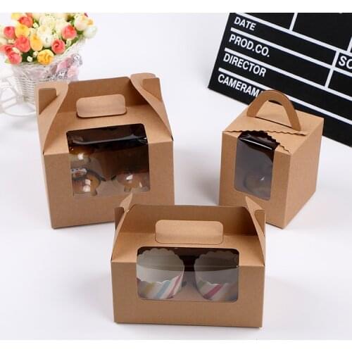 50 x 1/2/4/6 Cavity Kraft Cupcake Boxes With Handle With Transparent Window Muffin Cake Boxes Wholesale