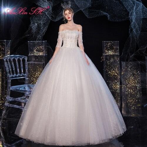 AnXin SH princess flower white lace wedding dress vintage boat neck beading crystal half sleeve sparkly bride wedding dress