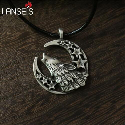 Lanseis10pc Celestial Howling Wolf Moon Cord Necklace, Unisex Wolf pendant men necklace
