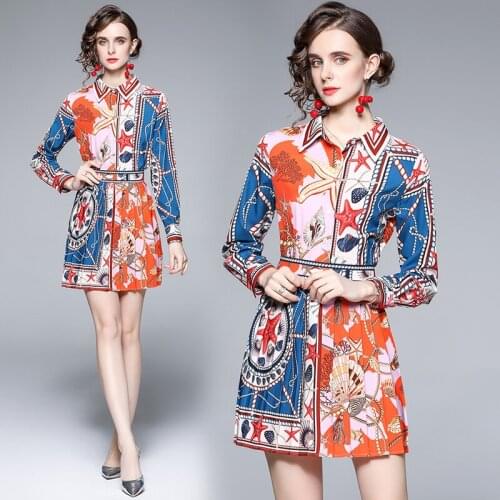 Dropshipping Spring Summer Fall 2pcs Women Casual Set Vintage Print Collar Long Sleeve Top Shirt Blouse Skirt Suits Outfits