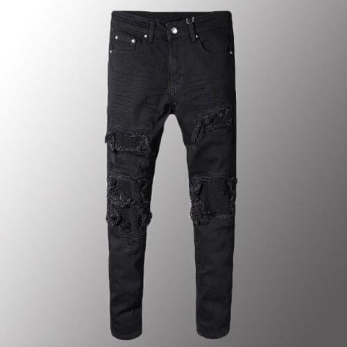 New Men Jeans Luxury Mens Black Patchwork Stretch Denim Biker Jeans For Motorcycle Slim Fit Skinny Ripped Pencil Pants
