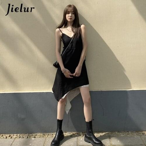 Jielur 2021 Summer New Retro Slip Dress V-Neck Waist Slim Irregular Fake Two Piece Dress Woman Black Sexy Spaghetti Strap Dress