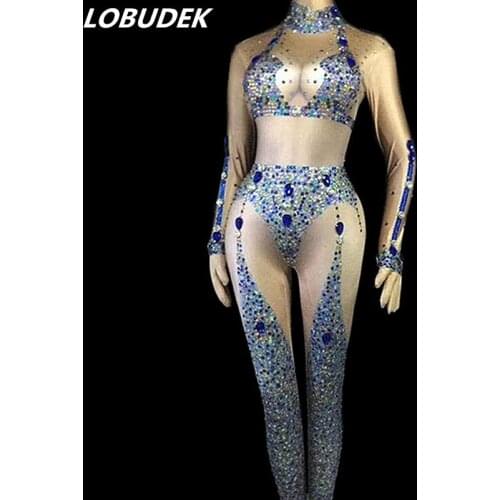 Blue Rhinestones Nude Color Spandex Elastic Jumpsuit Women Singer Models Catwalk Stage Outfit Sexy Nightclub Bar Dance Costume