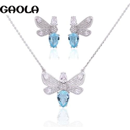 GAOLA New Design Blue Crystal Zirconia Butterfly Pendant Women Earrings Necklace Set For Bridal Wedding Party Jewelry GLD1196