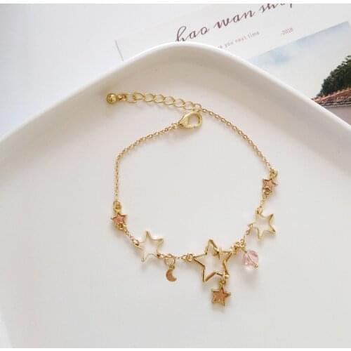 Fashion Simple Sweety Blue Pink Crystal Hollow Out Star Moon Charms Adjustable Bracelets for Women Lady Girls Gfits