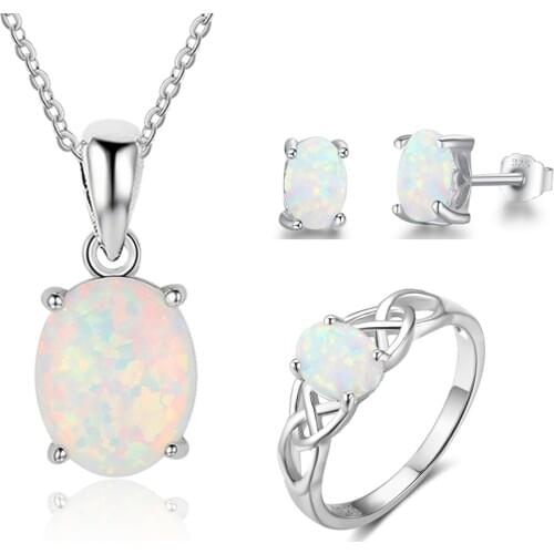 Trendy 925 Sterling Silver Opal Jewelry Pendant Necklace Earrings Ring Sets for Women Wedding Bridal Jewelry Sets (Lam Hub Fong)