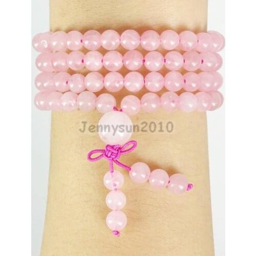 Natural Rose Quart-z 6mm Gems Stone Buddhist 108 Beads Prayer Mala Multi-Purpose Stretchy Bracelet Necklace 5Strands/ Pack