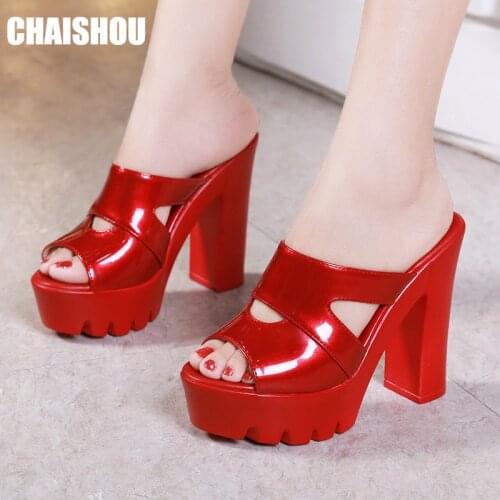 Shoes Woman Sandals Summer Slippers Patent leather 13CM super High Thick heel Heel Fish Mouth Sexy Slippers plus size 35-43 C468