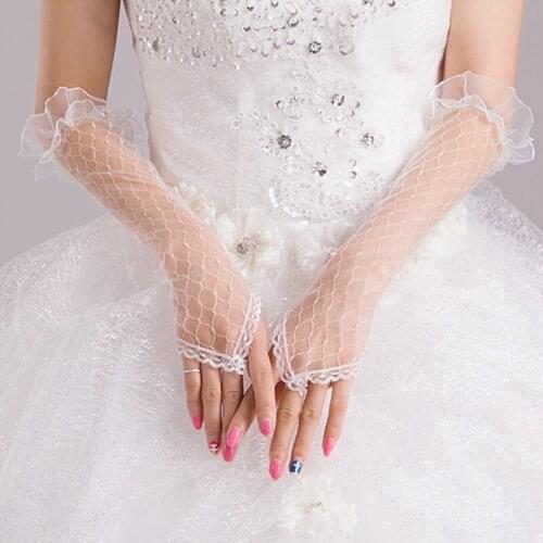 Womens Lace Mesh Bridal Gloves Fingerless Elbow Length Long Gloves Wedding Party