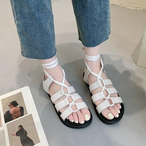 New Summer Leather Sandals Women Platform Cross Strap Ankle Lace Peep Toe Flat Heel Beach Party Ladies Shoes Zapatos Sandals