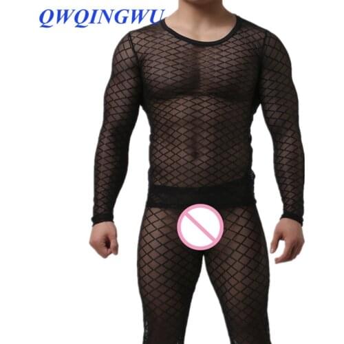 Sexy Men Undershirt Underwear Long Sleeves O-Neck Mesh Fishnet Transparent Sleepwear Nightwear Mesh Underwear Undershirts