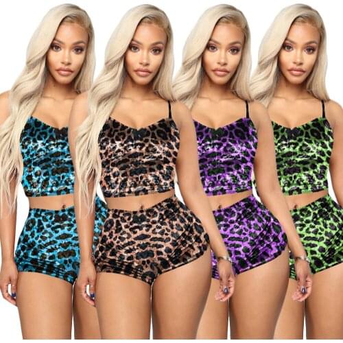 Sexy Leopard Print Women 2 Pieces Set Sleeveless Spaghetti Straps Crop Top and Shorts Skinny Velvet Tracksuit Clubwear XS-XXL