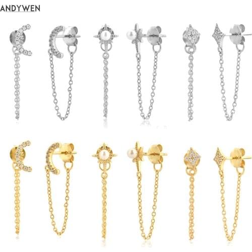 ANDYWEN 925 Sterling Silver Snowflower Moon Pearl Long Chain 53cm Stud Earring Women Fashion Crystal Clips Zircon Jewelry Gift