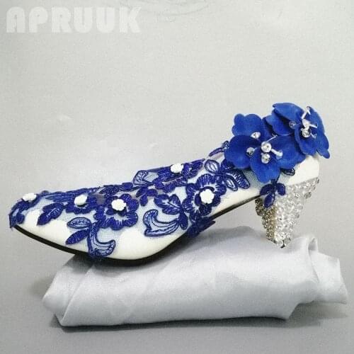 Blue lace pumps shoes woman luxury handmade crystal rhinestones middle heel round toes slip on ladies party shoes woman