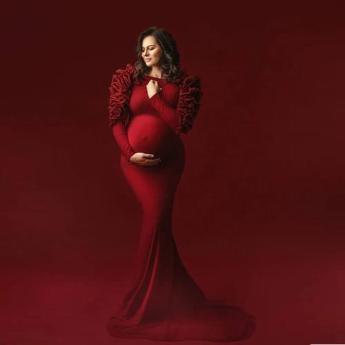 Vintage Mermaid Maternity Dresses Women Long Sleeves With Tulle Ruffles Red Mermaid Pregnancy Long Prom Party Gowns Custom Made