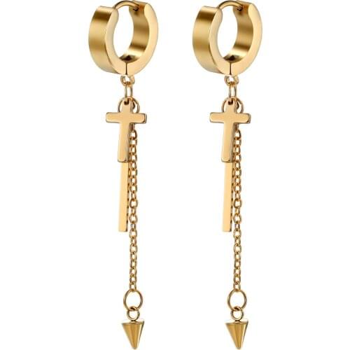 Boniskiss Huggie Hinged Hoop Cross Drop Earrings with Long Tassel Chain Stainless Steel Dangling Earring for Women (1 pair)