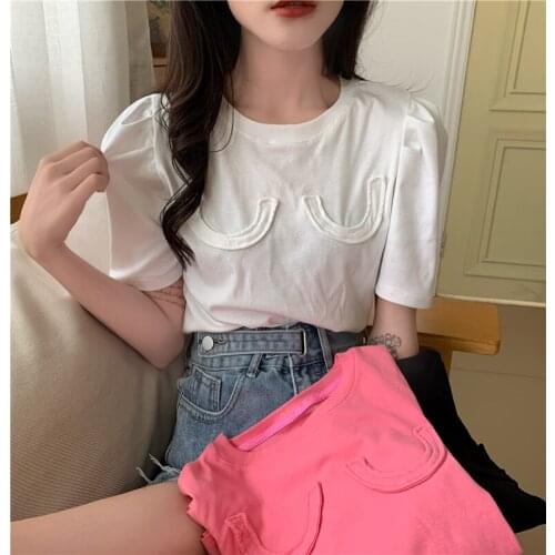 Woman Tshirts White Round Neck Design Sense Bubble Short-sleeved T-shirt Womens Summer New Style Korean Loose and Thin Top