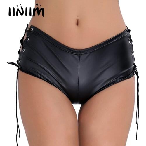 Iiniim Women Patent Leather Sexy Panties Lace Up Bandage Performance Hot Shorts Party Clubwear for Womens Party Underwear