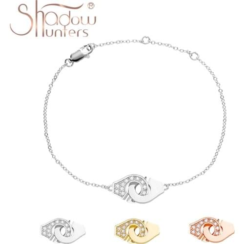 SHADOWHUNTERS Real 925 Sterling Silver Half Rhinestone Handcuffs Bracelet Luxury Women Jewelry Elegant Zircon Bracelet Menottes