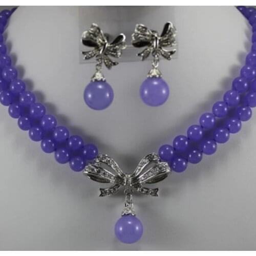 Womens fashion 2 rows 8mm Purple Jade Silver Plated butterfly accessories Pendant Necklace Earring Set