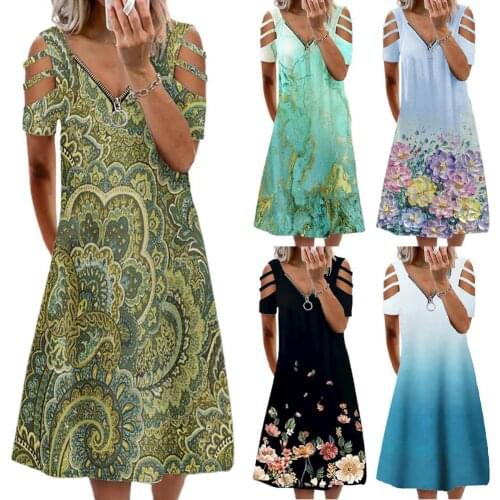 Hot Sales!!Women Dress Flower Print Loose Summer Short Sleeve V Neck Dress for Dating