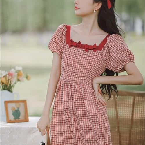 Square Neck Elegant Bowknot Cute Sweet Retro Dress Women French Literary Plaid Puff Sleeve Dress Vestido de mujer