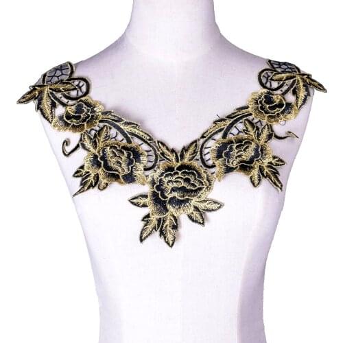 Gold Embroidery Neckline Collar Sequin Floral Embroidered Applique Lace Fabric Garment Accessories Scrapbooking NL065