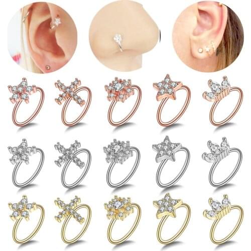 1pc 20gx8mm Nose Piercing Ring Body Jewelry CZ Nose Hoop Fake Septum Medical Steel Nostril Star Helix Cartilage Tragus Earring