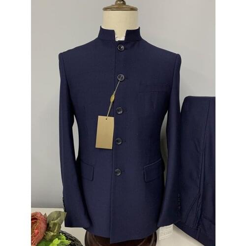 2021 Custom made Chinese style standing collar navy blue wedding suits men slim fit groom business casual man coat Blazer pants