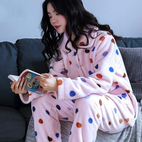 H5817 Sweet Women Pajamas Suit Thickening Japanese Coral Velvet Casual Comfortable Homewear Long Sleeve Autumn Winter Nightgown