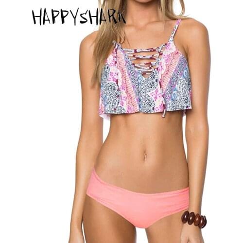 HAPPYSHARK 2018 New Lotus Bikinis Strappy Printed Bikini Set Women Swimsuits Bandage Female Low Rise Swimming Suit