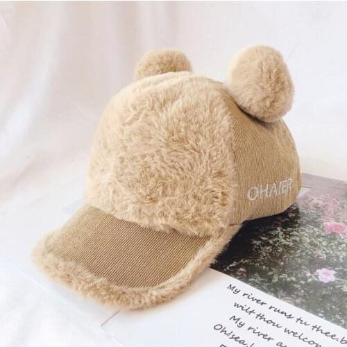New Kids Pompom Baseball Cap Corduroy Pompom Baby Winter Faux Fur Thicken Warm Kids Hat