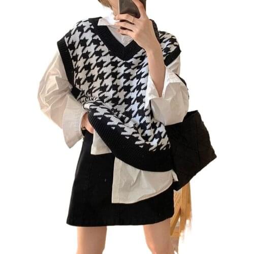 2021 Autumn Women Houndstooth Loose V Neck Knitted Vest Sweater Oversize Female Chic Tops Korean Fashion Sleeveless Waistcoat