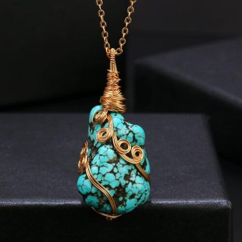 ShinyGem Baroque Turquoise Pendant Necklace 14K electroplated gold wire Handmade Indefinite shape Turquoise fashion Necklaces