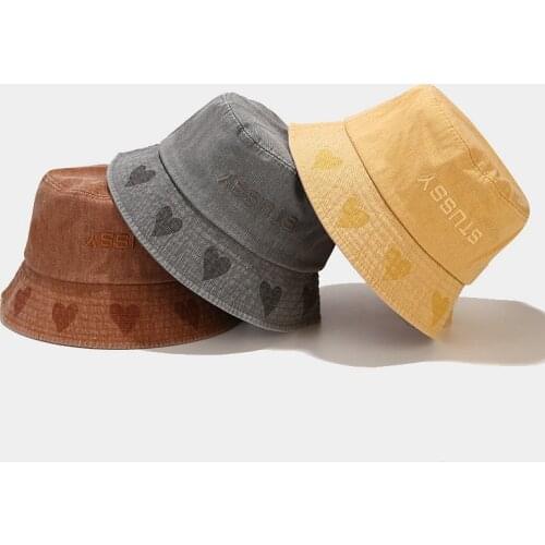 New Brim Love Mens Fisherman Hat Retro Foldable Bucket Hat Womens Summer Denim Panama Outdoor Sun Protection Cap