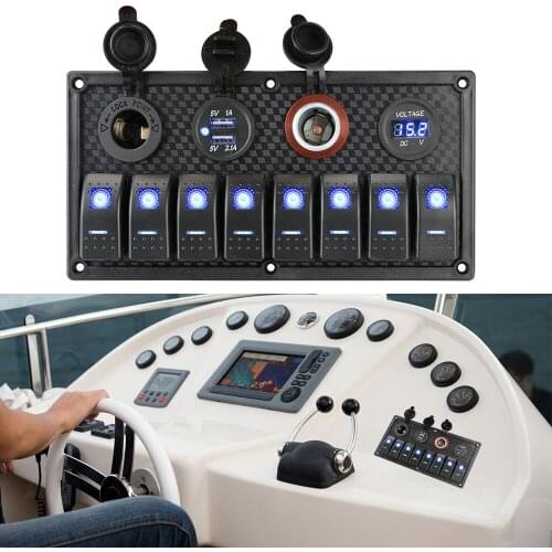 8 Gang Switch Panel Digital Voltmeter Dual USB Cigarette Lighter Socket 12V/24V Waterproof Car Marine RV Circuit LED Breaker