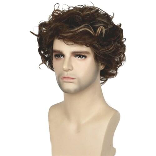 StrongBeauty Mens Wigs Brown with Blonde Highlights Short Curly Synthetic hair Full wig