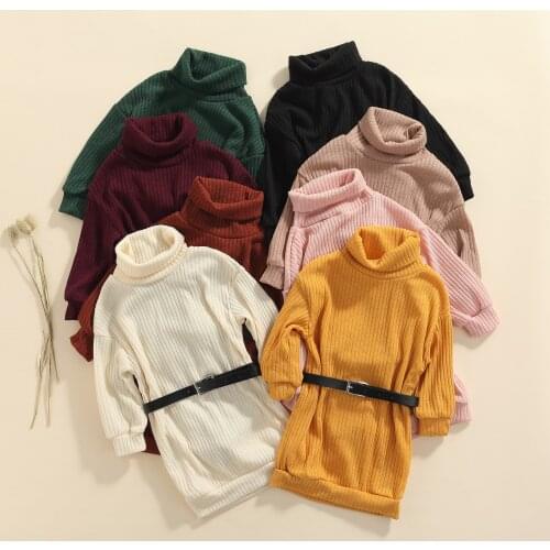 3-7YearsAutumn Kids Girls Sweater Dress With Belt Outfits Solid Long Sleeve Knit Straight Knee Length Dress