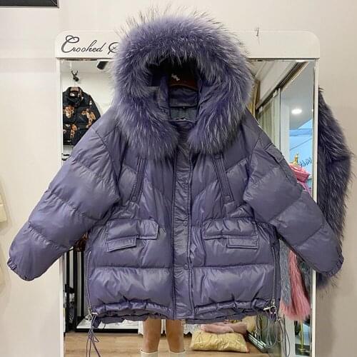 New 2021 Natural raccoon Fur Hooded Winter Down Coat Women 90% White Duck Down Jacket Thick Warm Parkas Female Outerwear