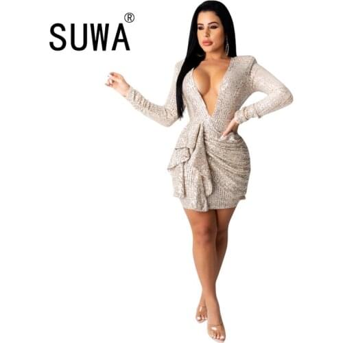 Sexy Sequins Women Party Dress Nightclub Sparkling Deep V-neck Long Sleeve Backless Ruched Ruffles Bodycon Mini Dresses Autumn